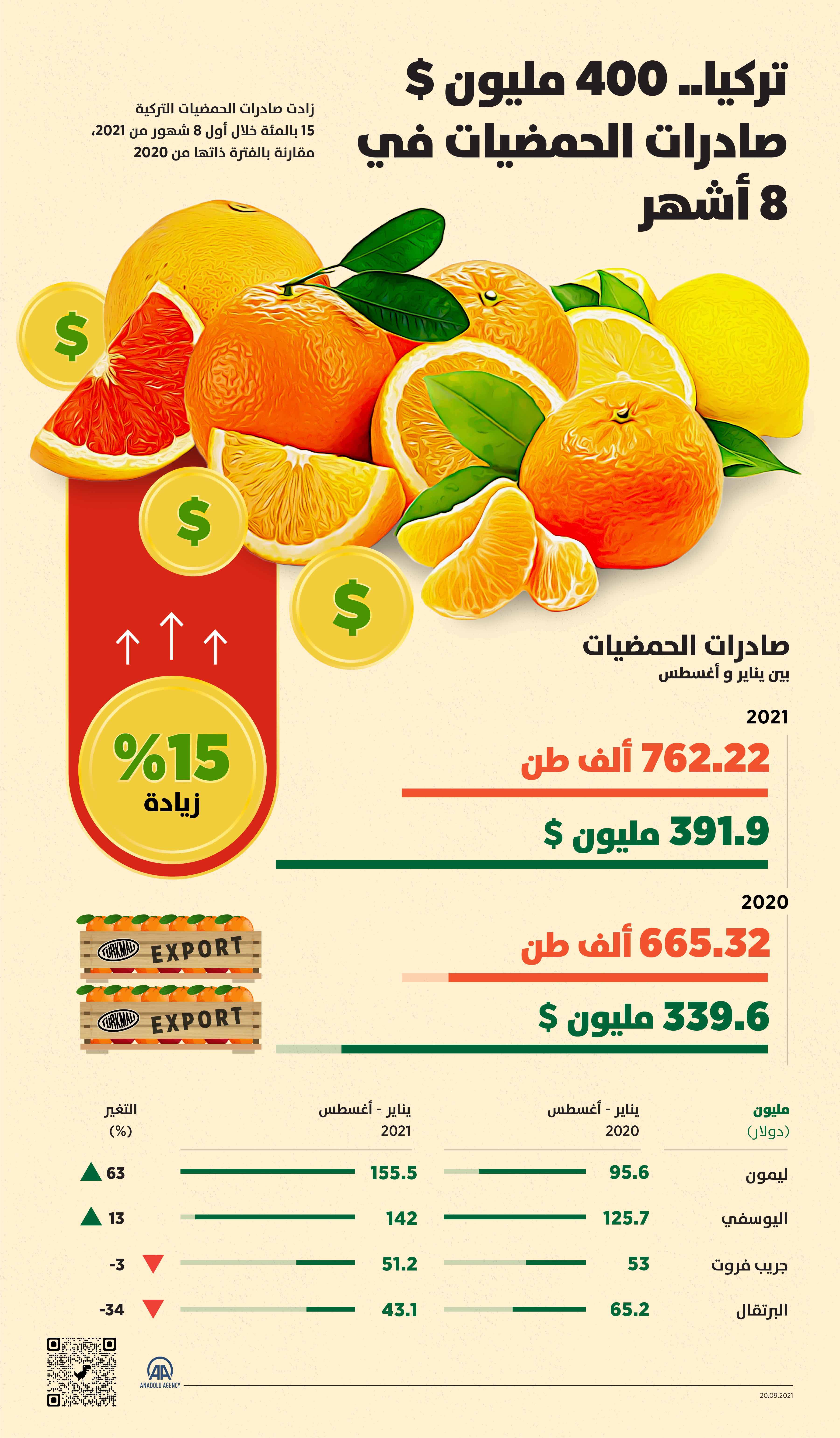 تركيا.. 400 مليون دولار صادرات الحمضيات في 8 أشهر