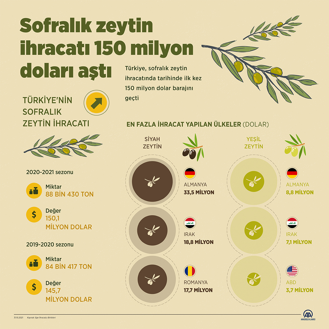 Türkiye'nin sofralık zeytin ihracatı, 150 milyon doları aştı