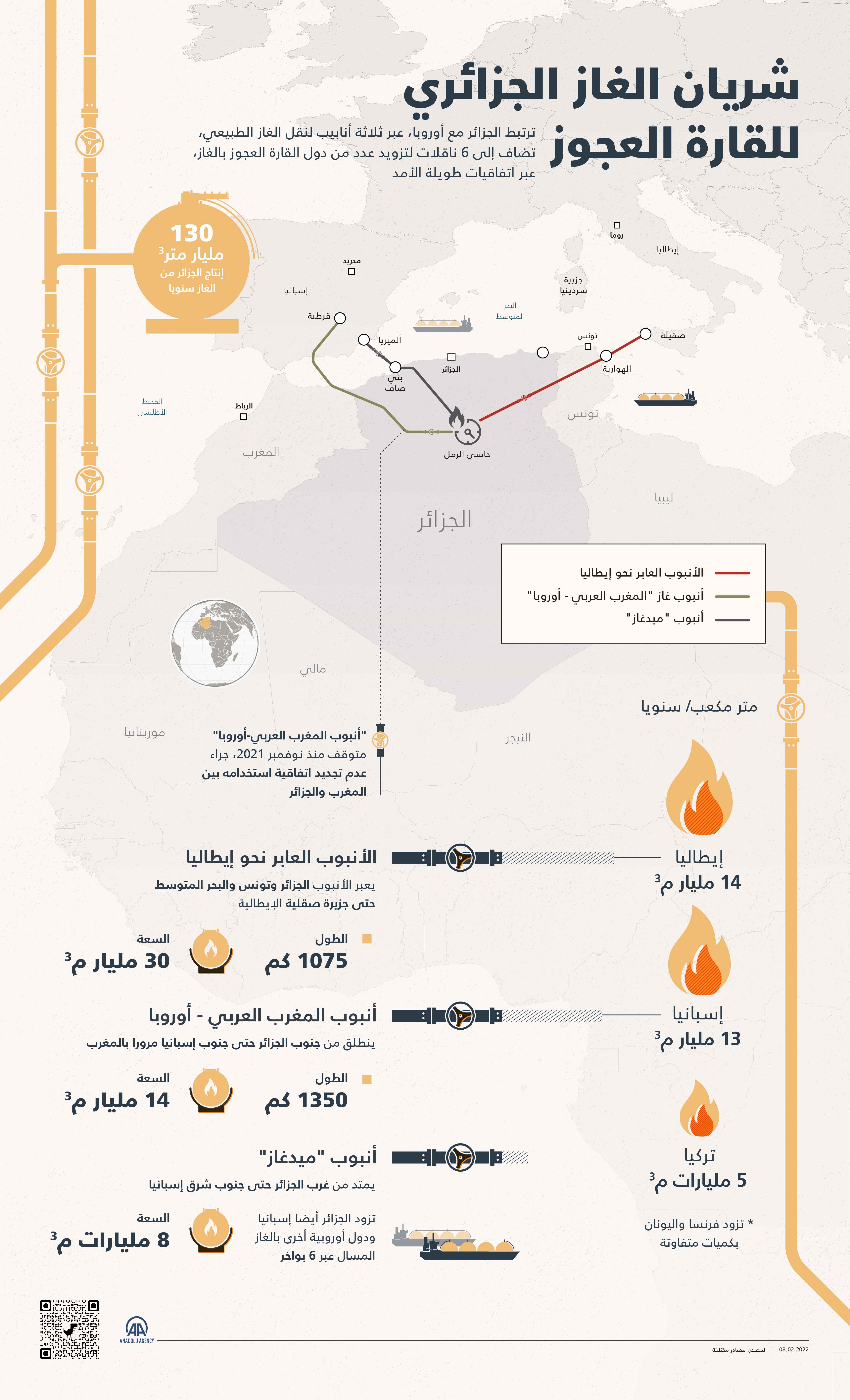 ترتبط الجزائر مع أوروبا، عبر ثلاثة أنابيب لنقل الغاز الطبيعي، تضاف إلى 6 ناقلات لتزويد عدد من دول القارة العجوز بالغاز، عبر اتفاقيات طويلة الأمد.
