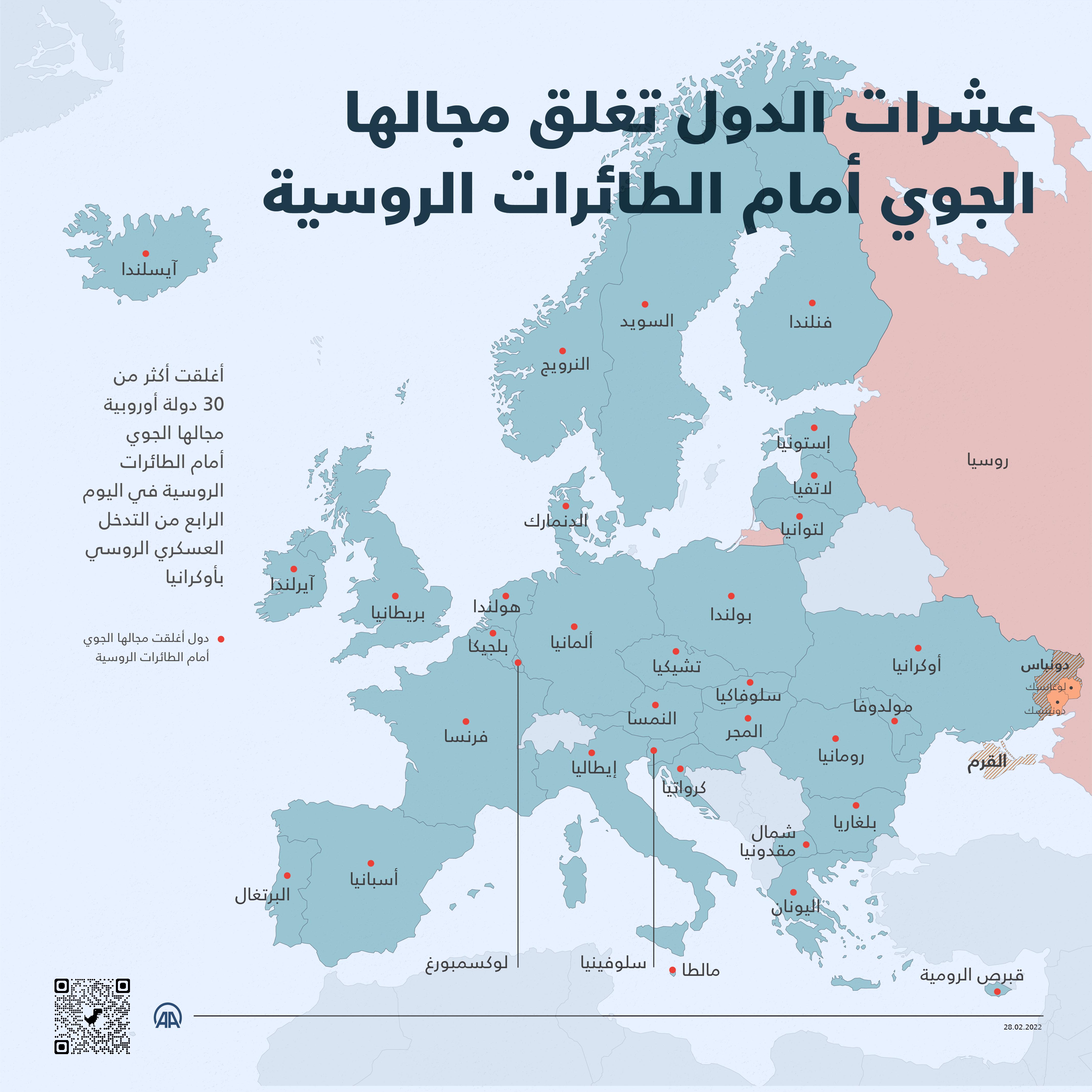 أغلقت أكثر من 30 دولة أوروبية مجالها الجوي أمام الطائرات الروسية في اليوم الرابع من التدخل العسكري الروسي بأوكرانيا.