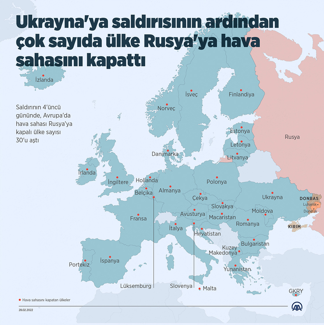 Ukrayna'ya saldırısının ardından çok sayıda ülke Rusya'ya hava sahasını kapattı