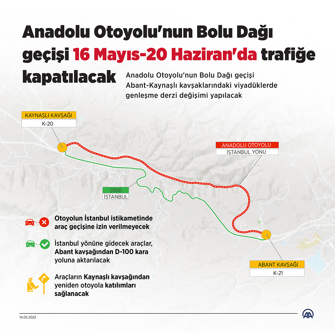 Anadolu Otoyolu'nun Bolu Dağı geçişi 16 Mayıs-20 Haziran'da trafiğe kapatılacak
