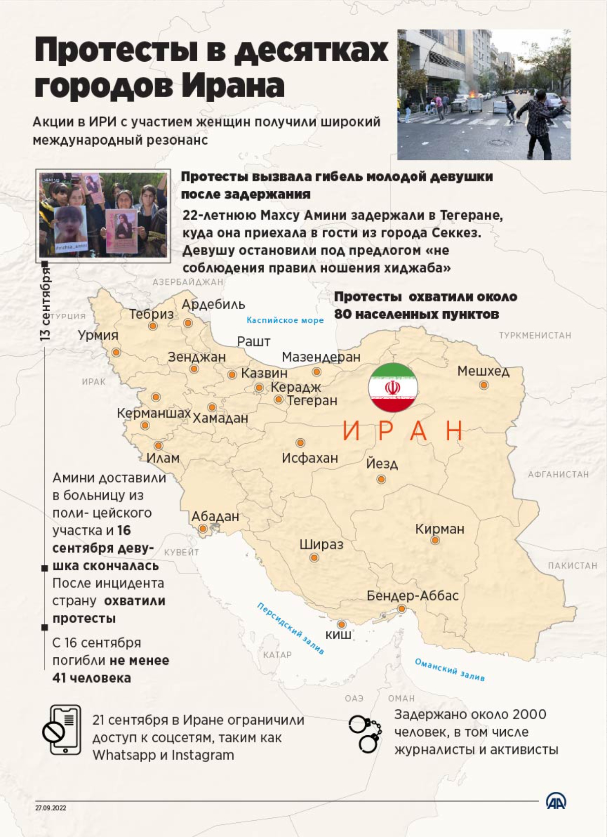 Протесты в десятках городов Ирана