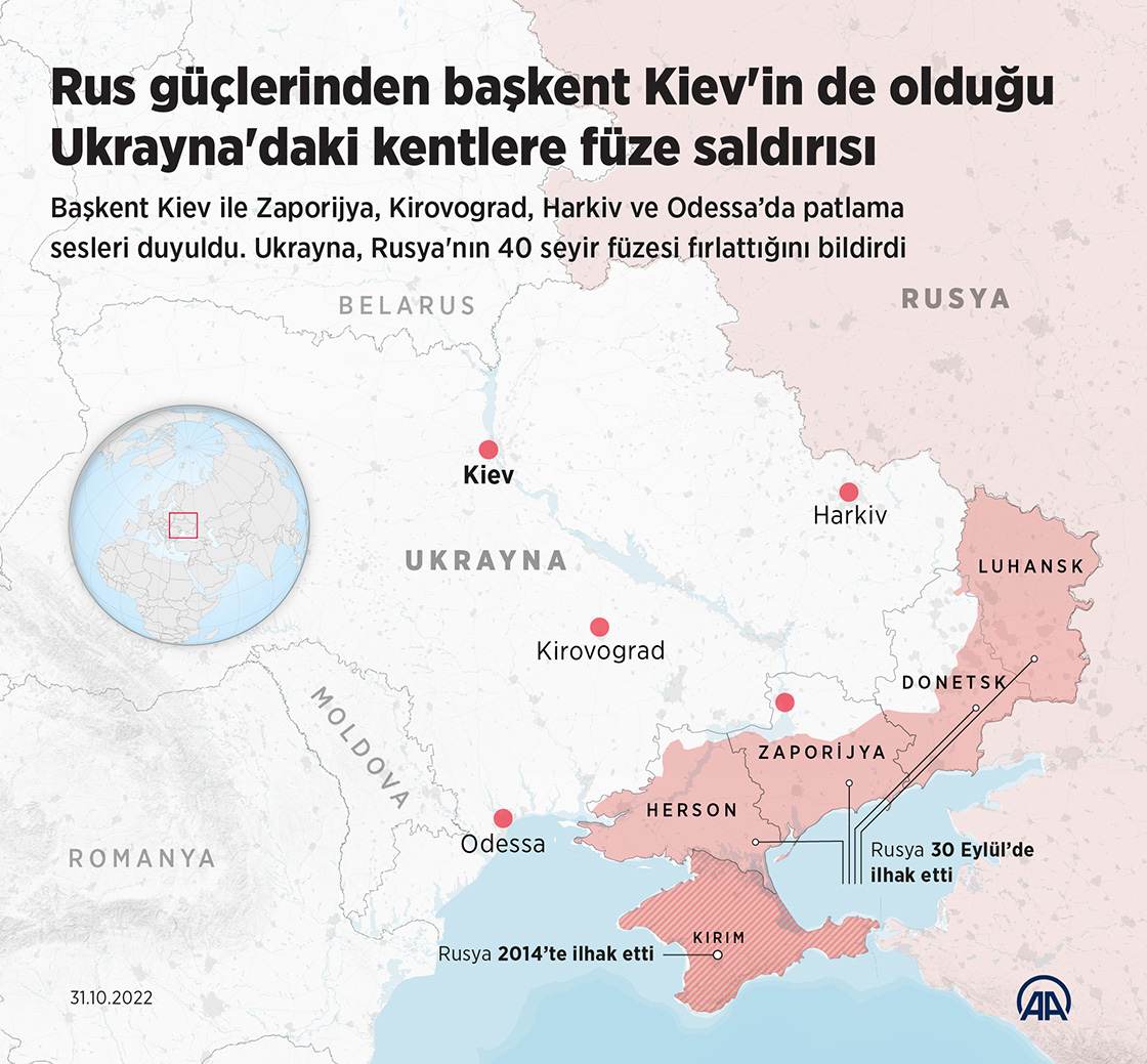 Rus güçlerinden başkent Kiev'in de olduğu Ukrayna'daki kentlere füze saldırısı