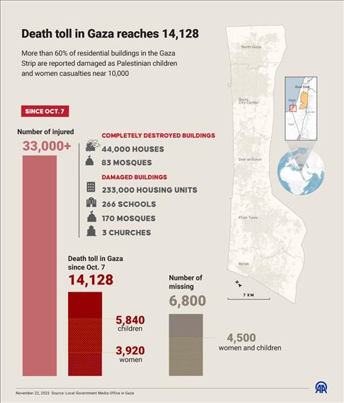 Death toll in Gaza reaches 14,128