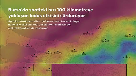 Bursa'da saatteki hızı 100 kilometreye yaklaşan lodos etkisini sürdürüyor