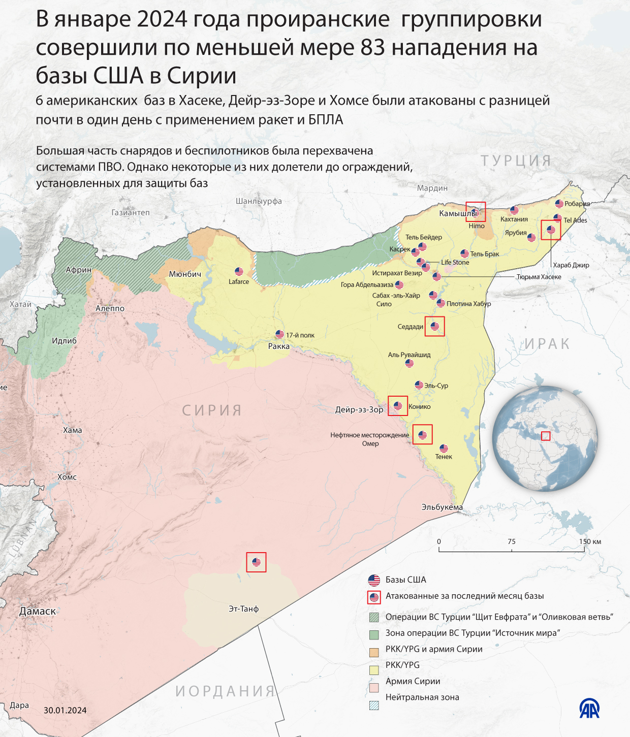 В январе 2024 года проиранские группировки совершили по меньшей мере 83 нападения на базы США в Сирии