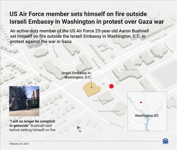 US Air Force member sets himself on fire outside Israeli Embassy in Washington in protest over Gaza