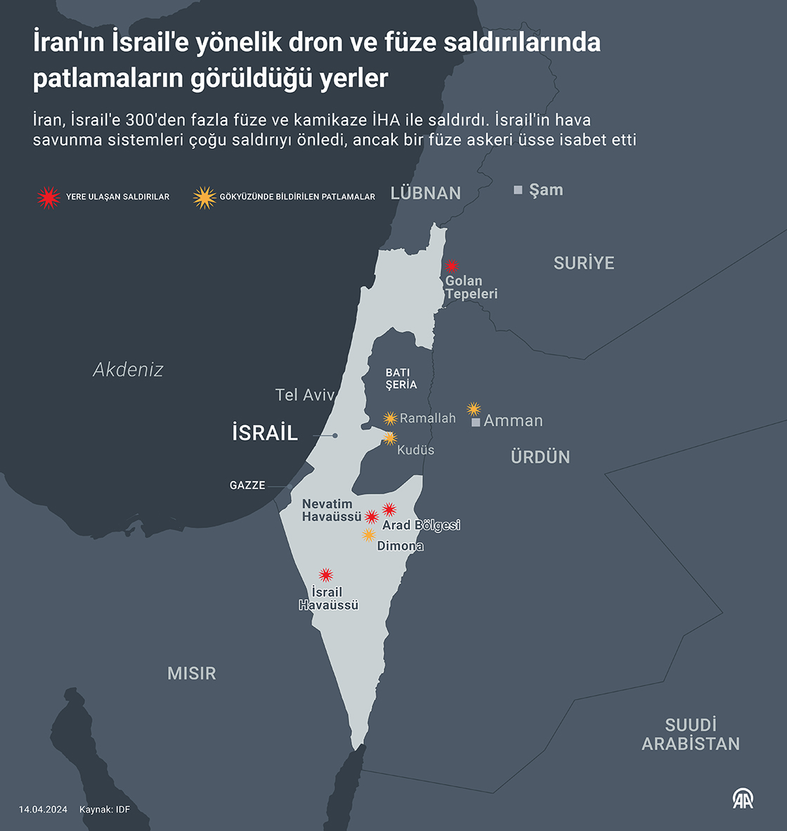 İran''ın İsrail''e yönelik dron ve füze saldırılarında patlamaların görüldüğü yerler