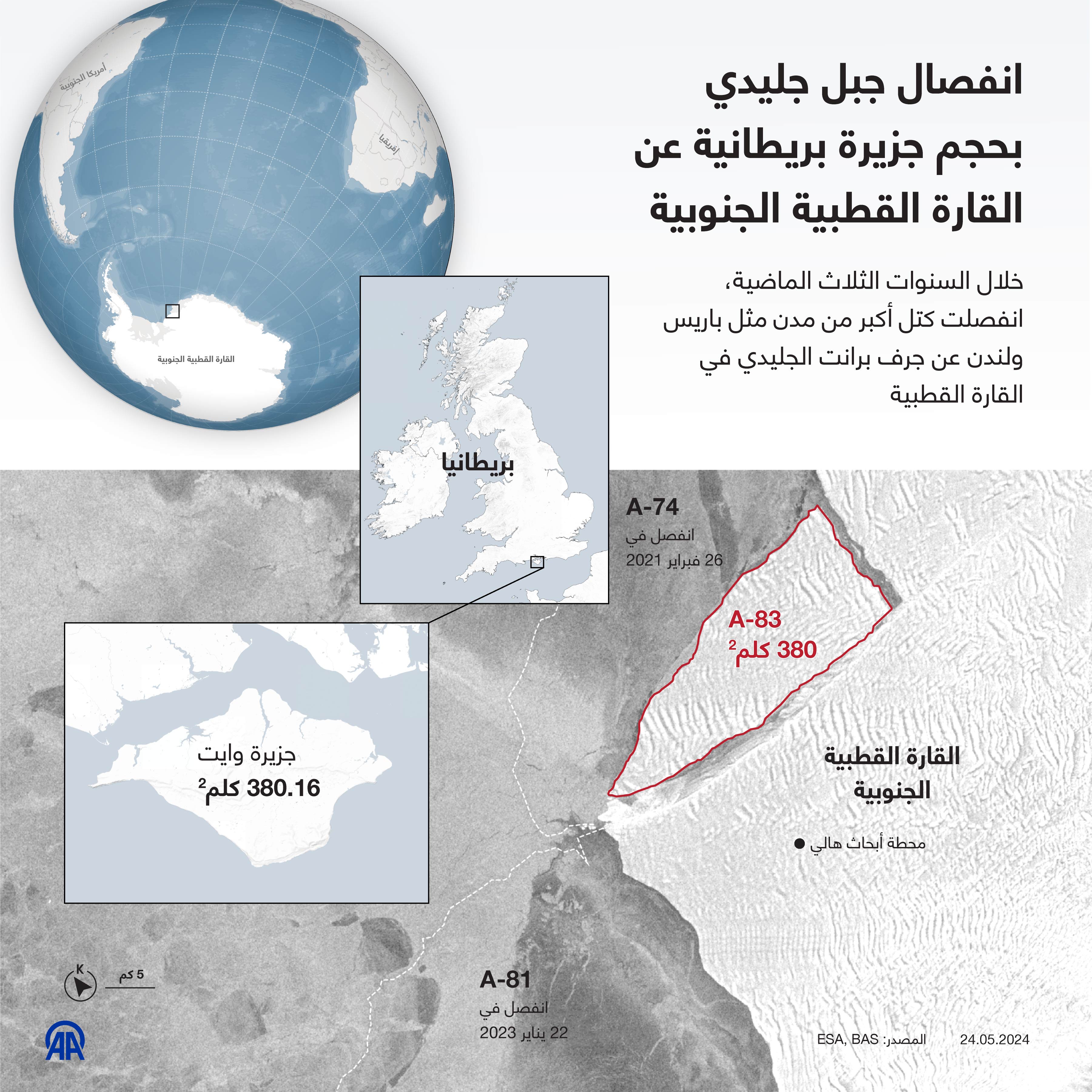 انفصال جبل جليدي بحجم جزيرة بريطانية عن القارة القطبية الجنوبية