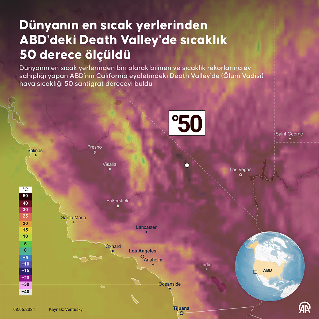 Dünyanın en sıcak yerlerinden ABD'deki Death Valley'de sıcaklık 50 derece ölçüldü
