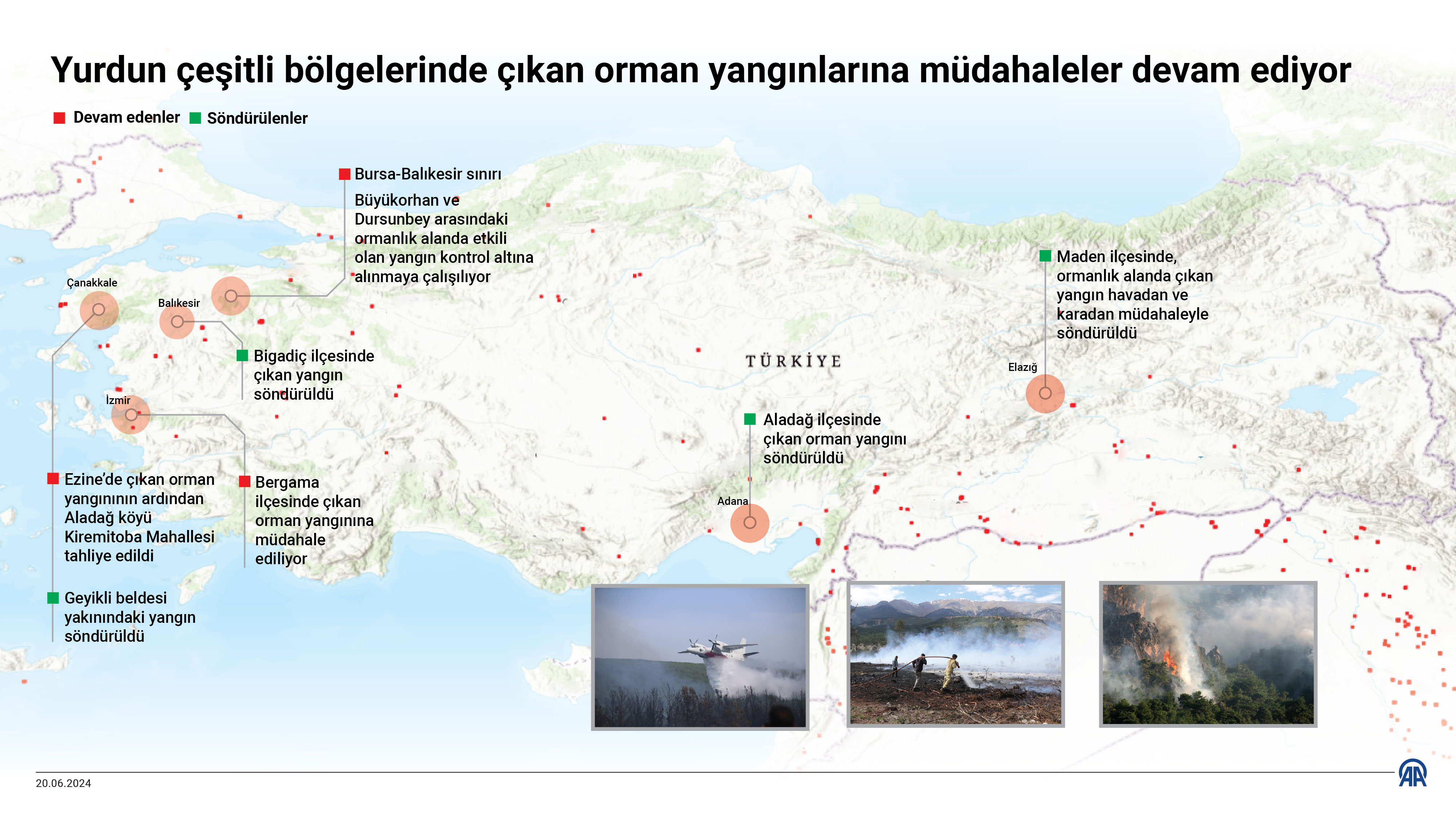 Yurdun çeşitli bölgelerinde çıkan orman yangınlarına müdahaleler devam ediyor