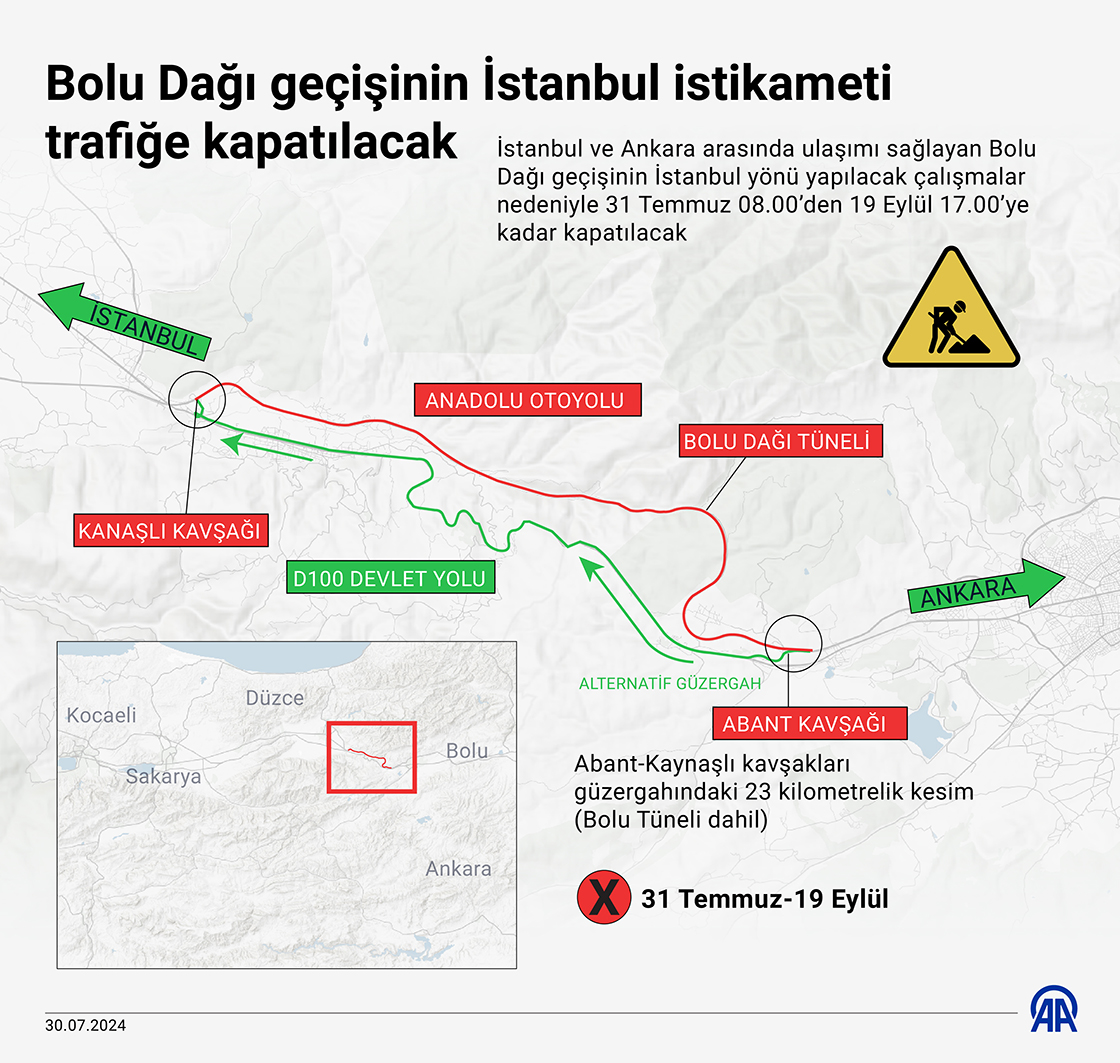Bolu Dağı geçişinin İstanbul istikameti trafiğe kapatılacak