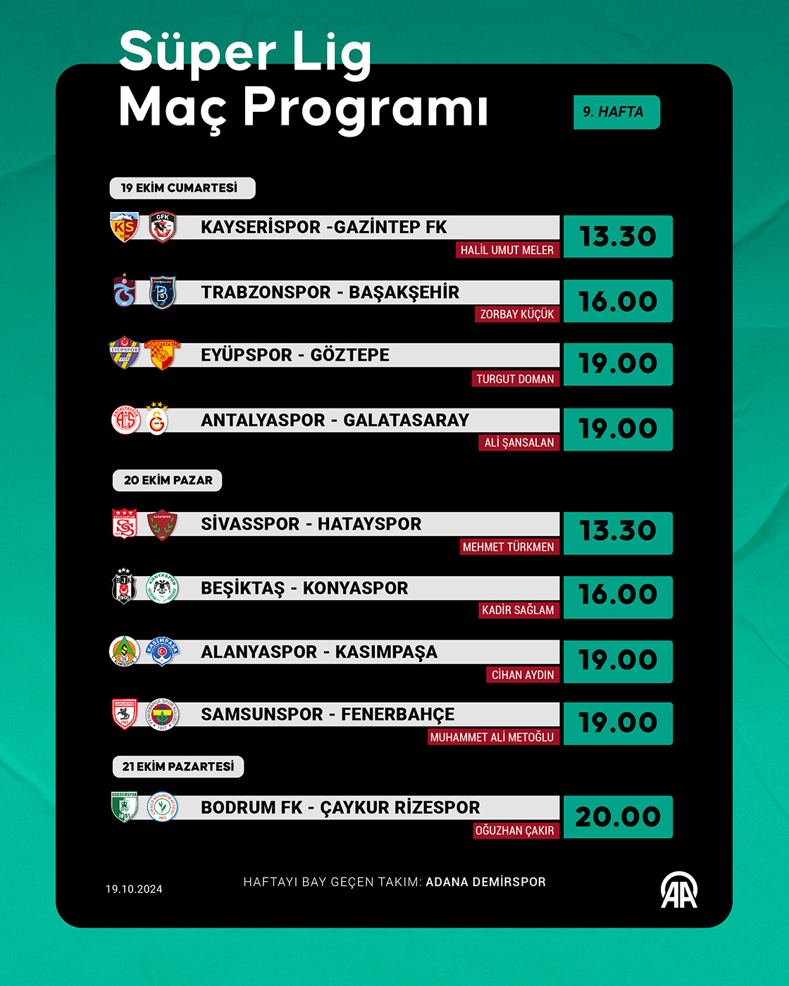 Süper Lig 9. hafta programı