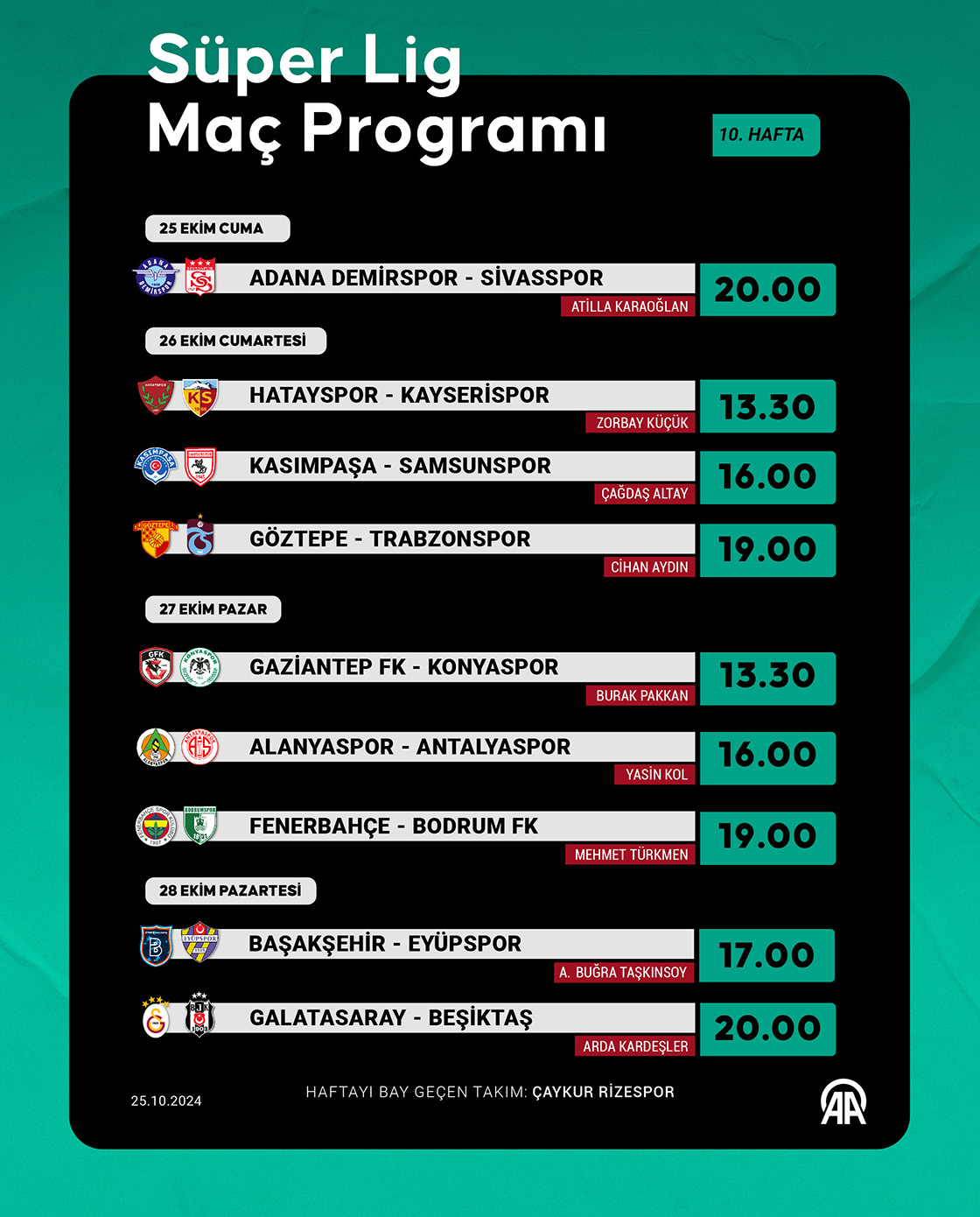 Süper Lig 10. hafta programı