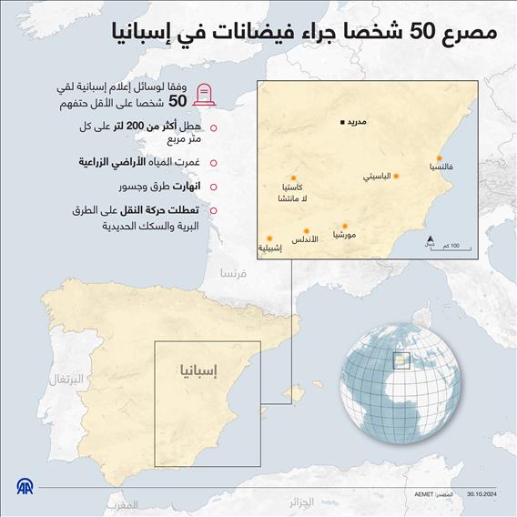 مصرع 50 شخصا جراء فيضانات في إسبانيا