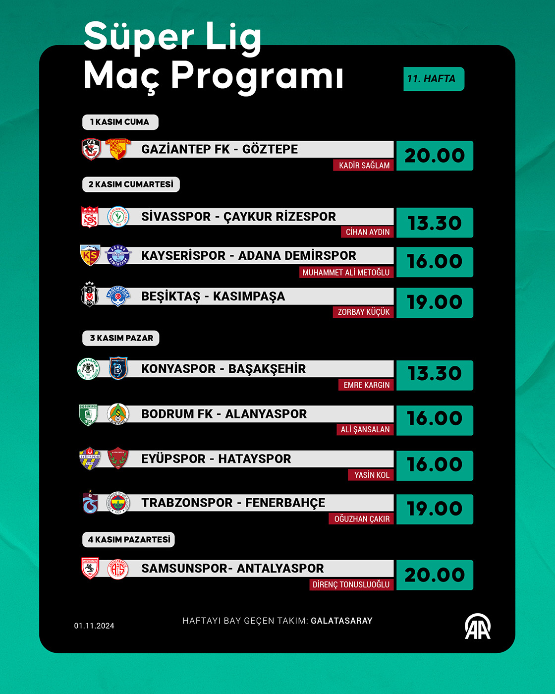 Süper Lig 11. hafta programı