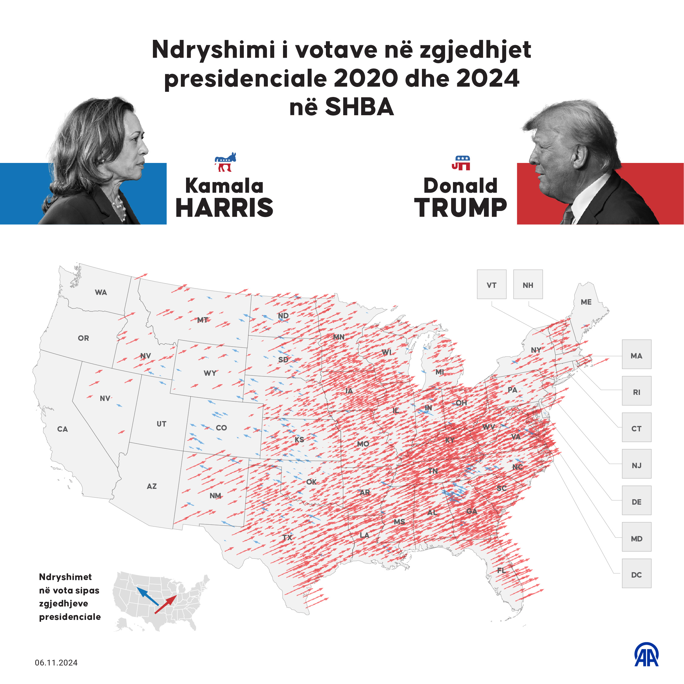 Ndryshimi i votave në zgjedhjet presidenciale 2020 dhe 2024 në SHBA