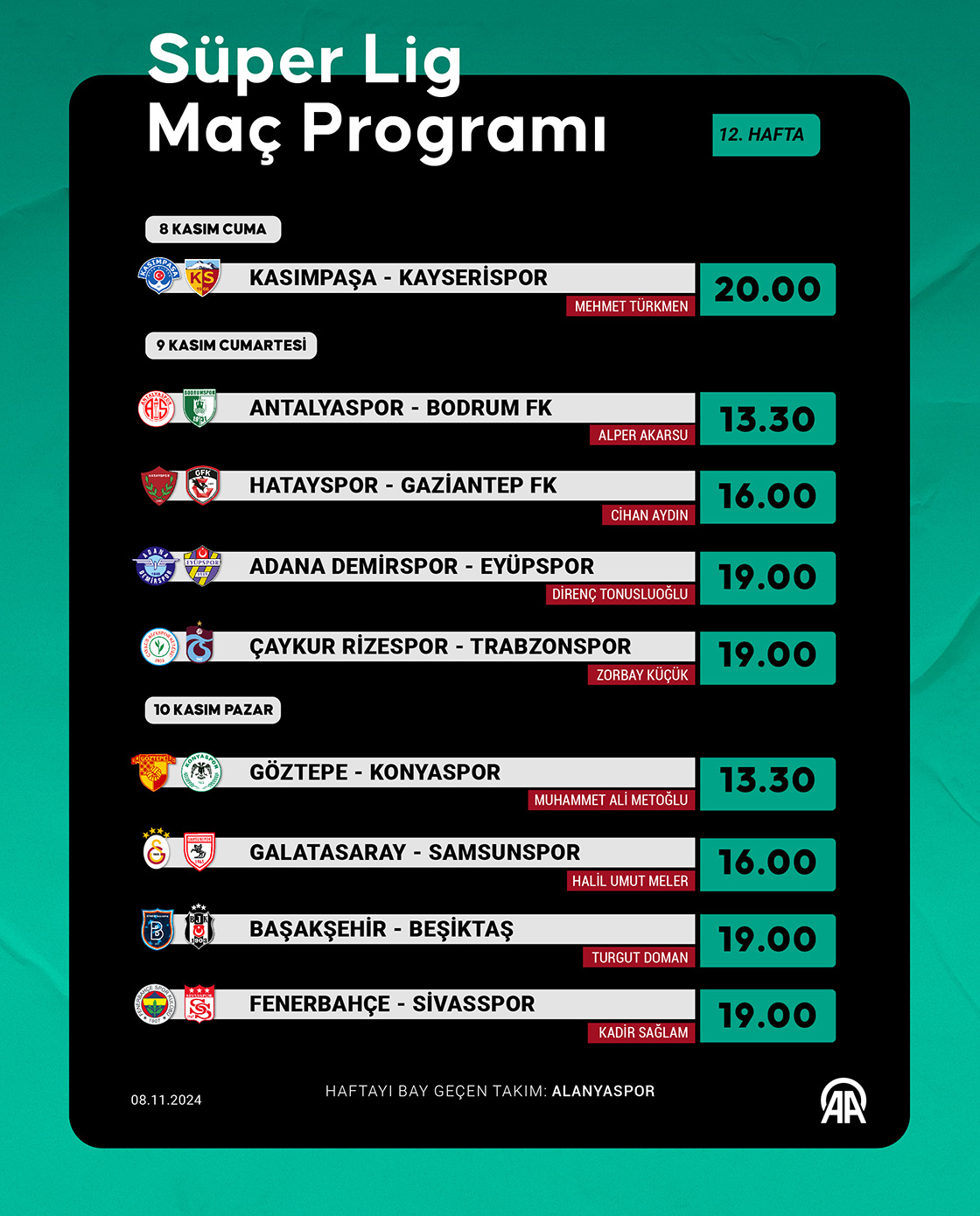 Süper Lig 12. hafta programı