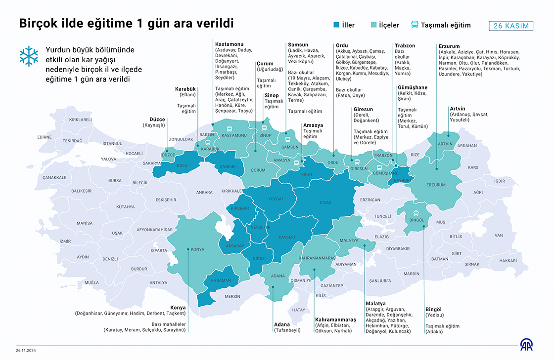 Birçok ilde eğitime 1 gün ara verildi