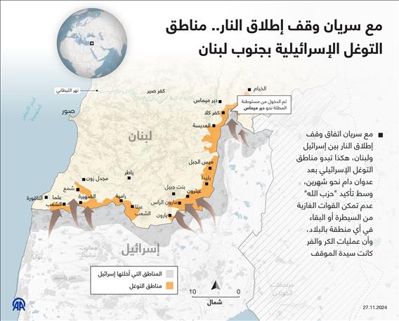 مع سريان وقف إطلاق النار.. مناطق التوغل الإسرائيلية بجنوب لبنان