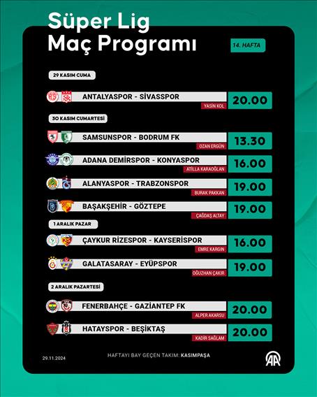 Süper Lig 14. hafta programı