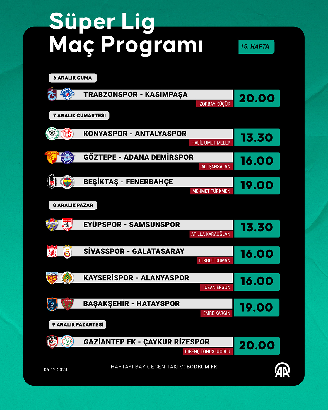 Süper Lig 15. hafta programı