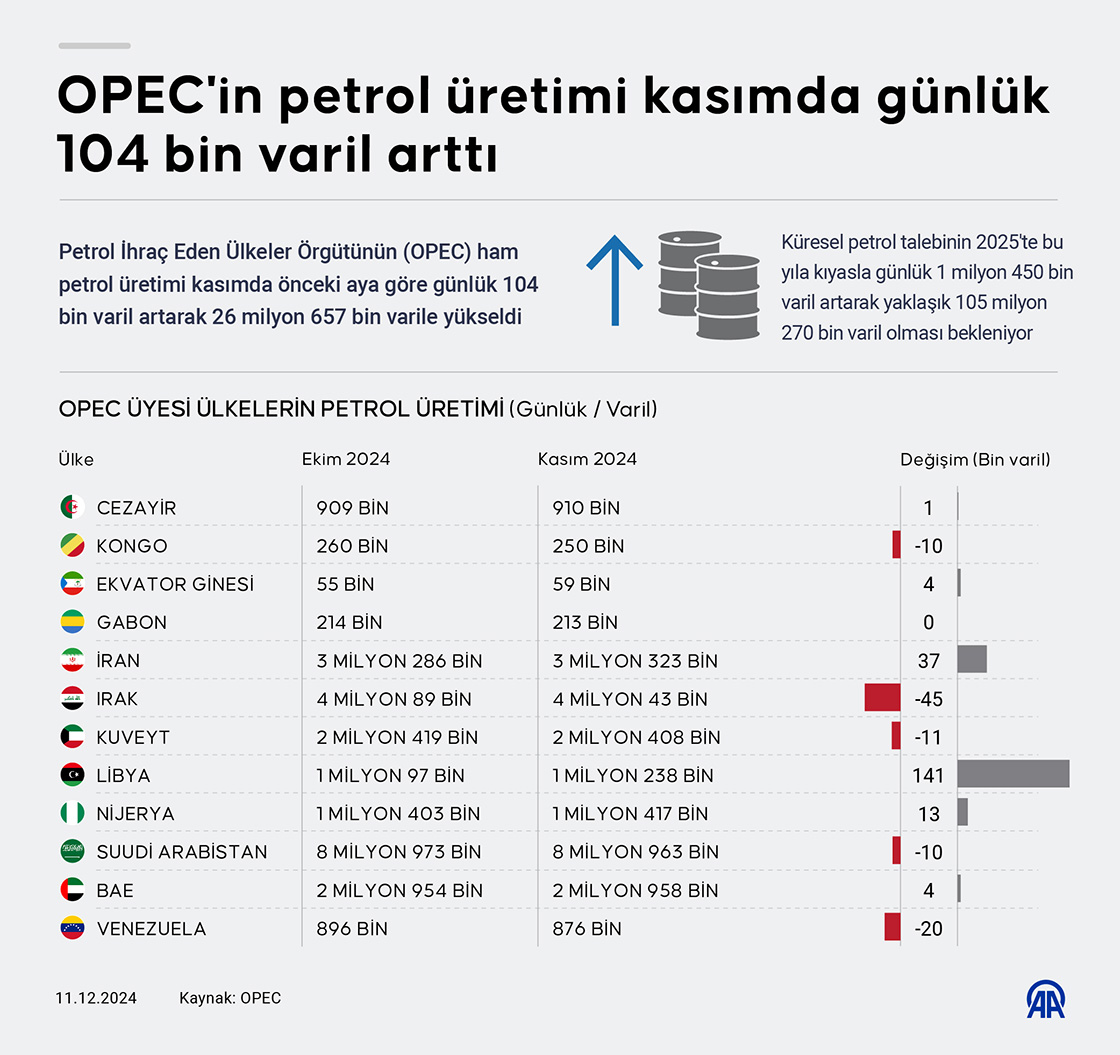 OPEC'in petrol üretimi kasımda günlük 104 bin varil arttı