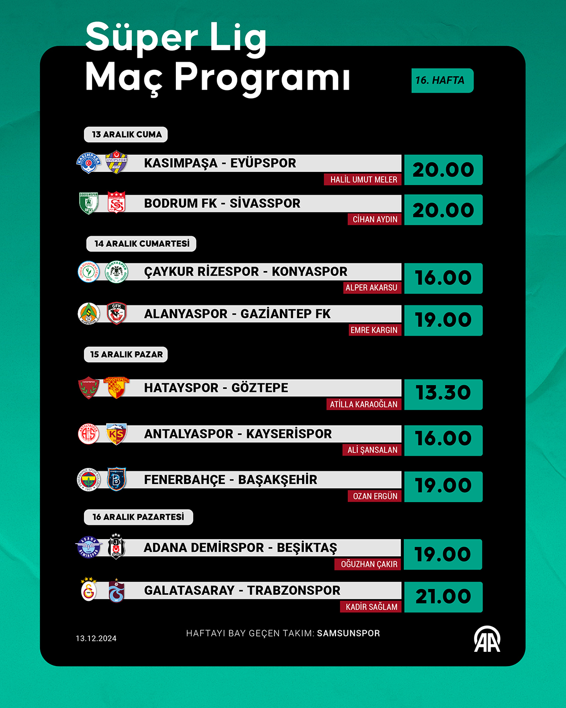Süper Lig 16. hafta programı