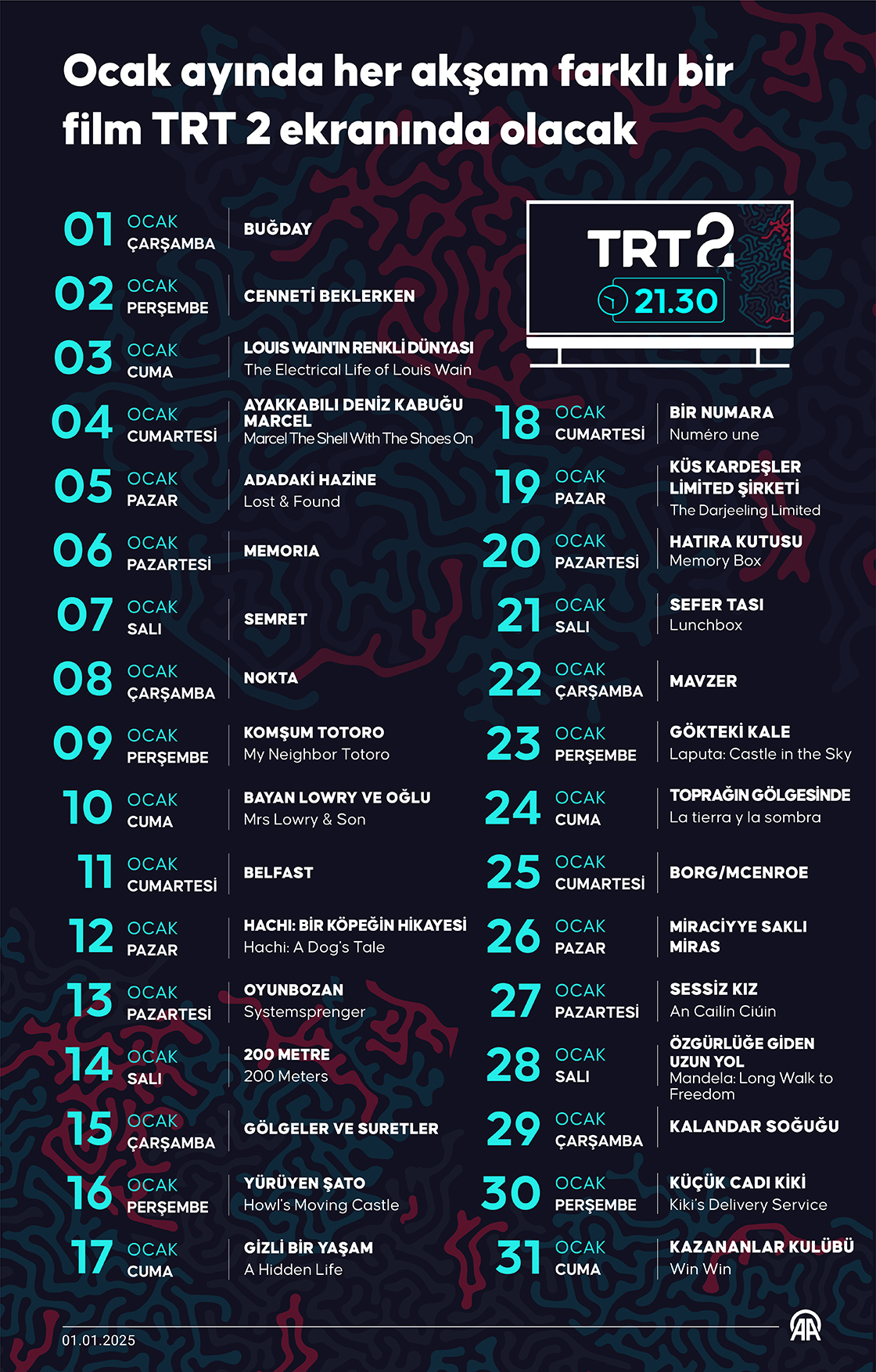 Ocak ayında her akşam farklı bir film TRT 2 ekranında olacak