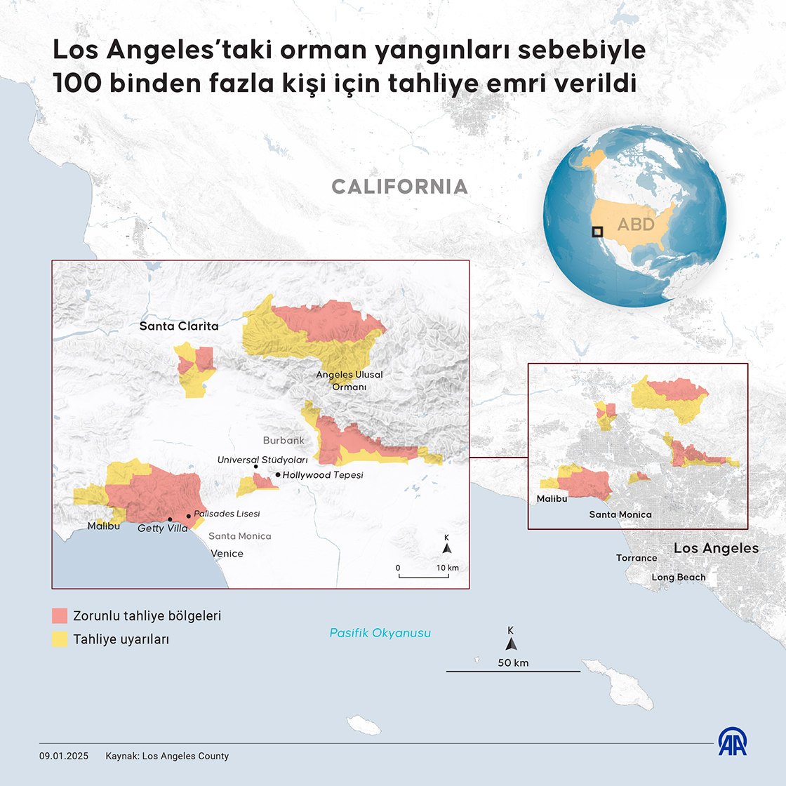 Los Angeles’taki orman yangınları sebebiyle 100 binden fazla kişi için tahliye emri verildi