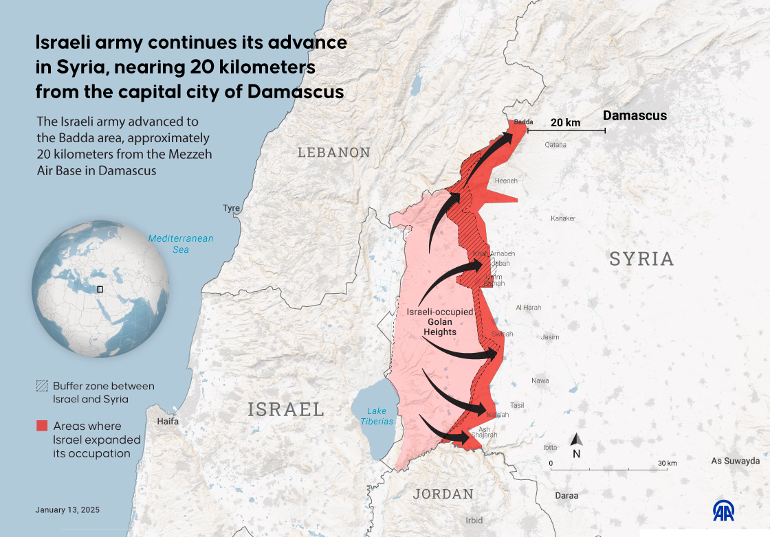 Israeli army continues its advance in Syria, nearing 20 kilometers from the capital city of Damascus