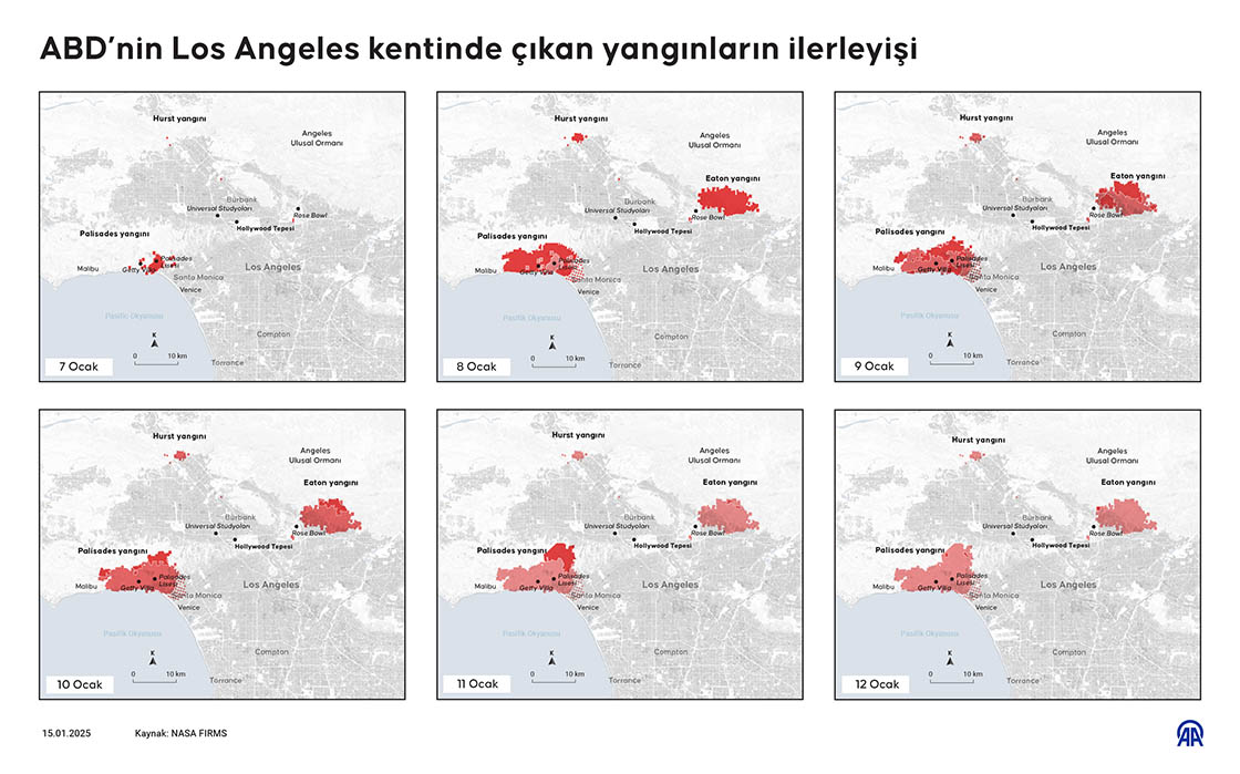 ABD’nin Los Angeles kentinde çıkan yangınların ilerleyişi