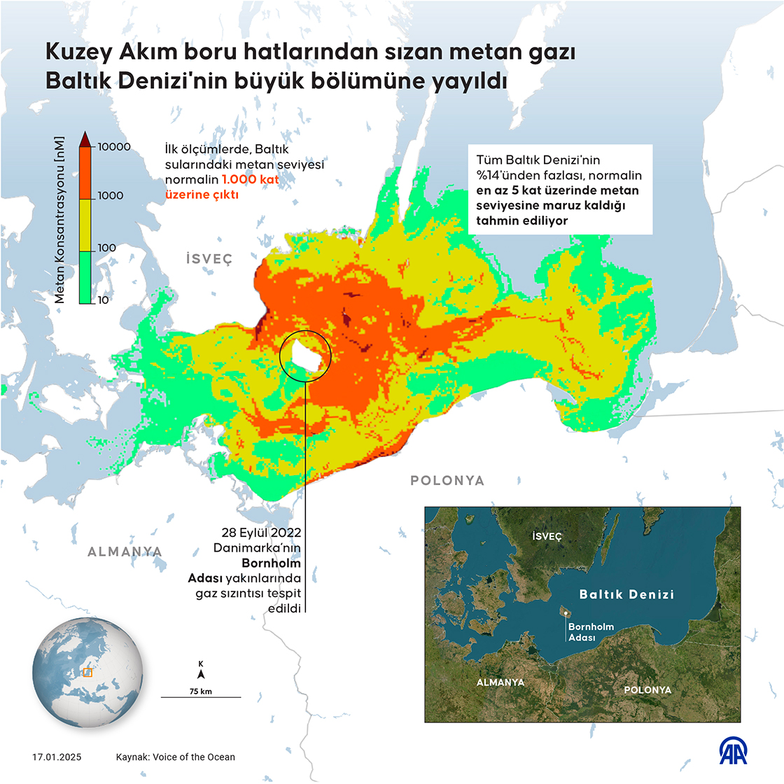 Kuzey Akım boru hatlarından sızan metan gazı Baltık Denizi'nin büyük bölümünde yayıldı