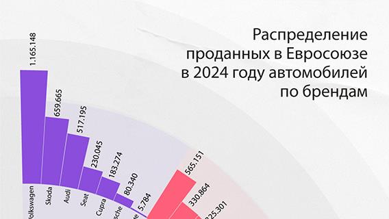 Распределение проданных в Евросоюзе в 2024 году автомобилей по брендам