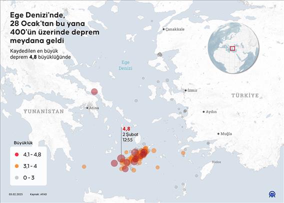 Ege Denizi'nde, 28 Ocak'tan bu yana 400'ün üzerinde deprem meydana geldi