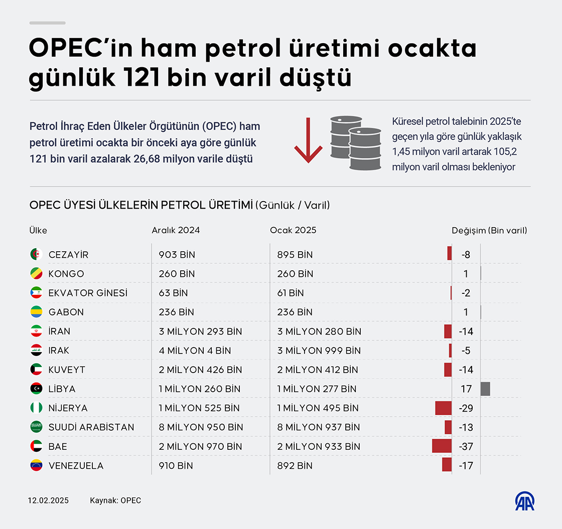OPEC’in ham petrol üretimi ocakta günlük 121 bin varil düştü