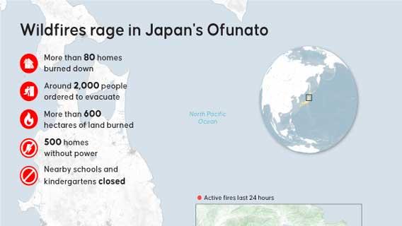 Wildfires rage in Japan's Ofunato