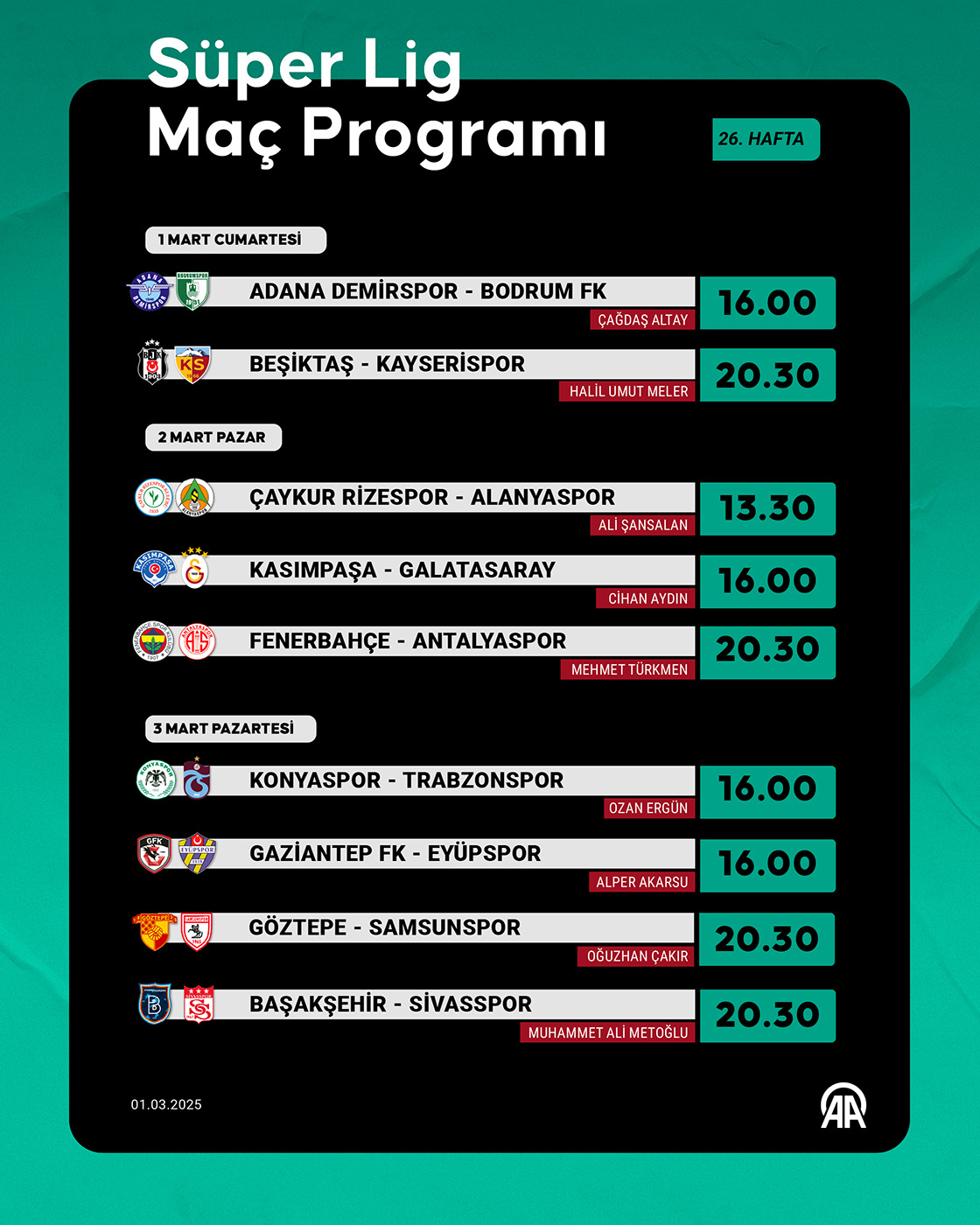 Süper Lig 26. hafta programı
