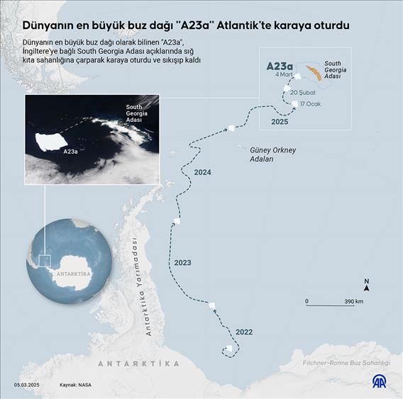 Dünyanın en büyük buzdağı "A23a" Atlantik'te karaya oturdu