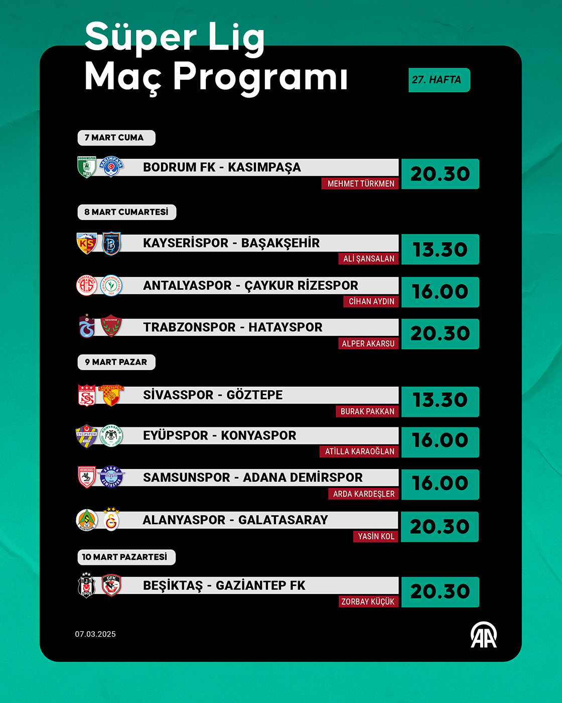Süper Lig 27. Hafta Programı