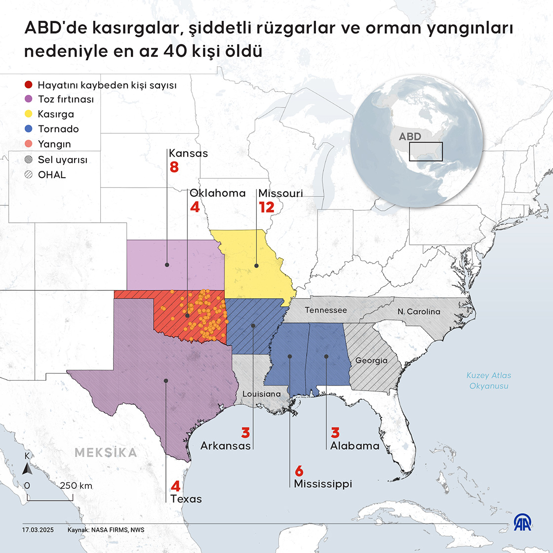ABD'de kasırgalar, şiddetli rüzgarlar ve orman yangınları nedeniyle en az 40 kişi öldü