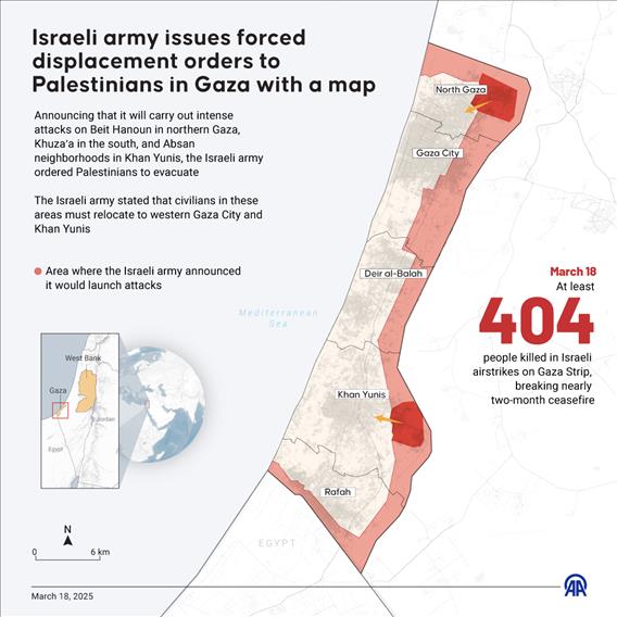 Israeli army issues forced displacement orders to Palestinians in Gaza with a map