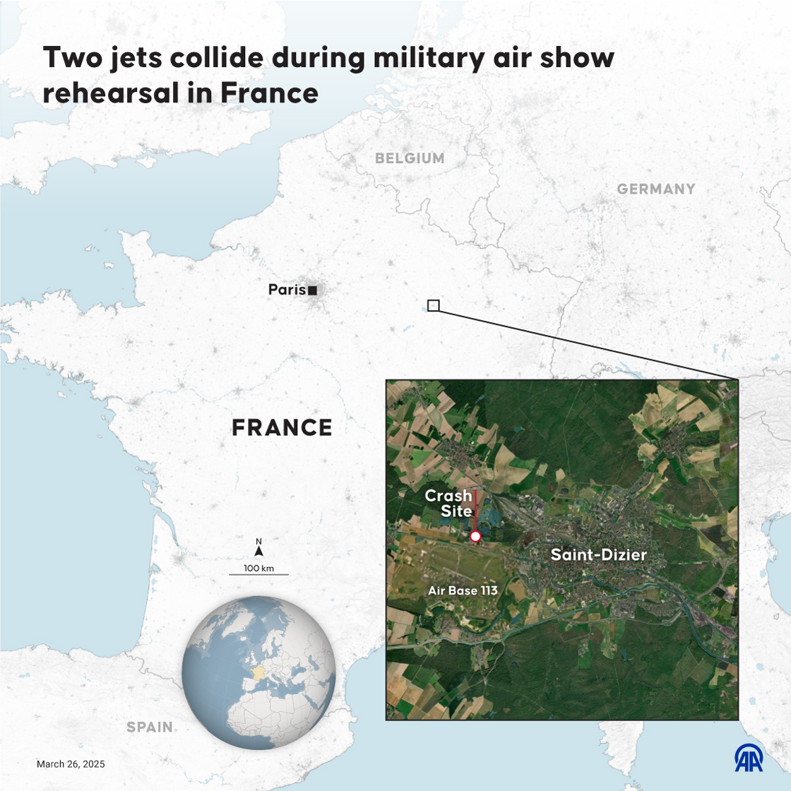 Two jets collide during military air show rehearsal in France