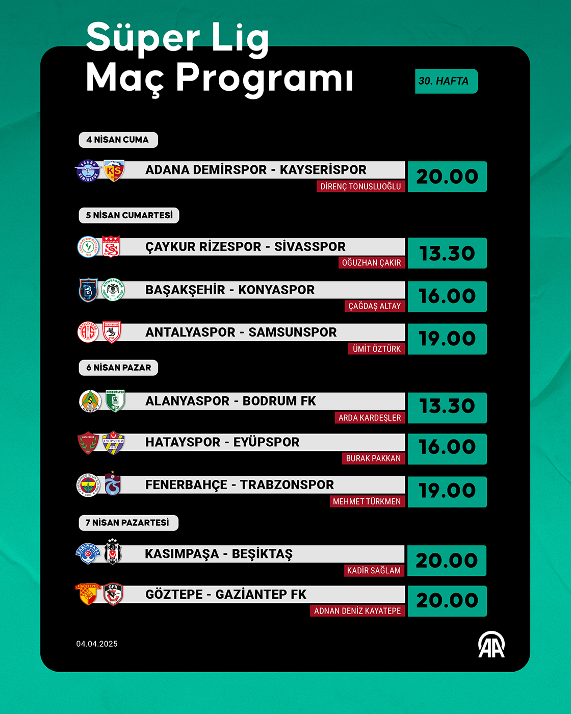 Süper Lig 30. Hafta Programı