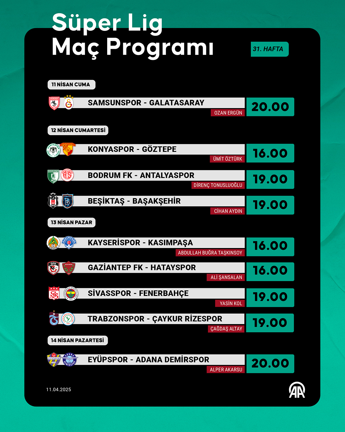 Süper Lig 31. Hafta Programı