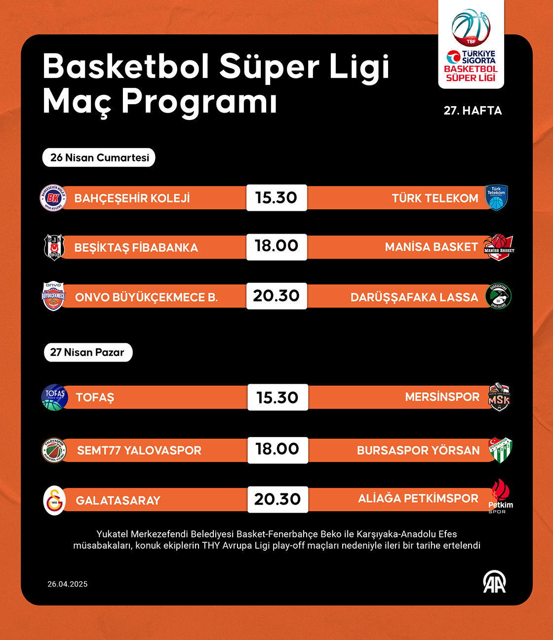 Basketbol Süper Ligi Maç Programı