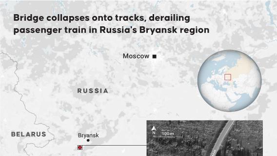 Bridge collapses onto tracks, derailing passenger train in Russia's Bryansk region