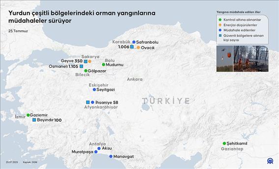 Yurdun çeşitli bölgelerindeki orman yangınlarına müdahaleler sürüyor