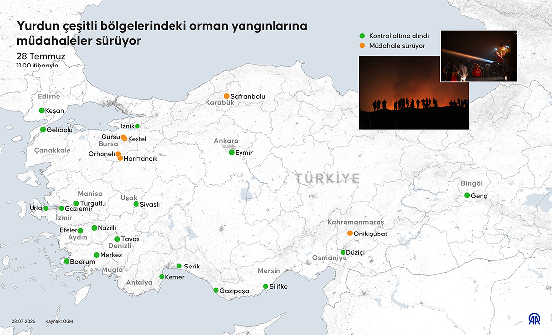 Yurdun çeşitli bölgelerindeki orman yangınlarına müdahaleler sürüyor